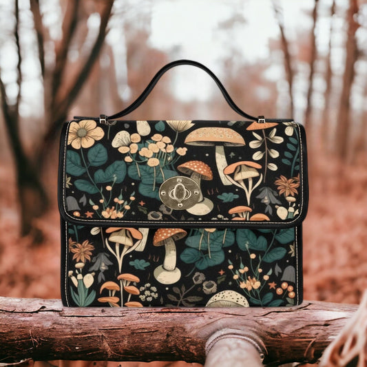 Cottagecore Witch Canvas Satchel Bag, Cute Woodland Crossed body purse, Vegan Leather Mushroom hippie shoulder bag, Cottage witch purse