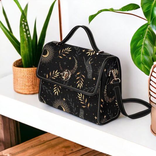 Celestial Witch Canvas Bag, Witchy Black Moon Purse, Cute Cottagecore Witch Canvas Satchel Bag, eco goth satchel, Cottage Core Purse