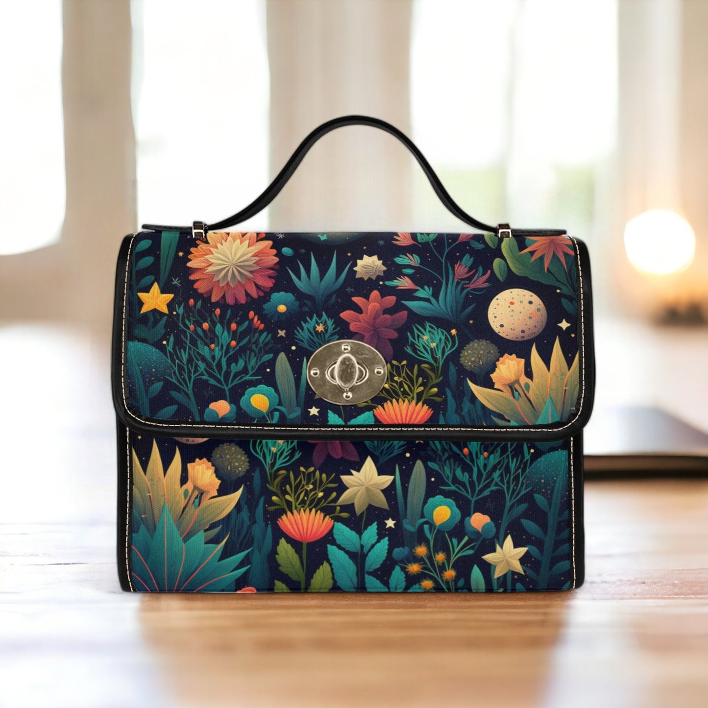 a purse sitting on top of a wooden table