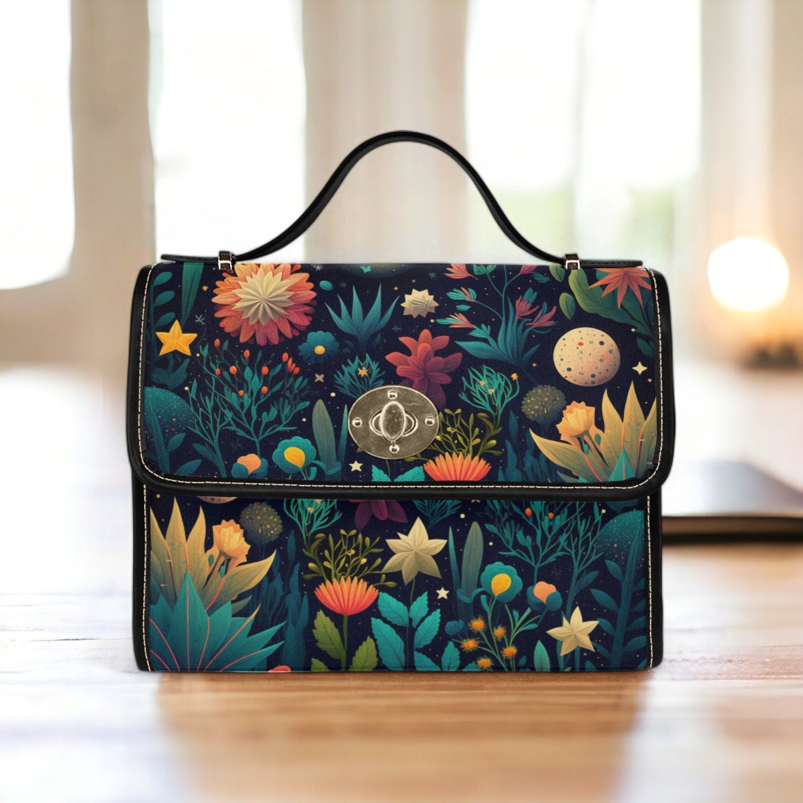 a purse sitting on top of a wooden table