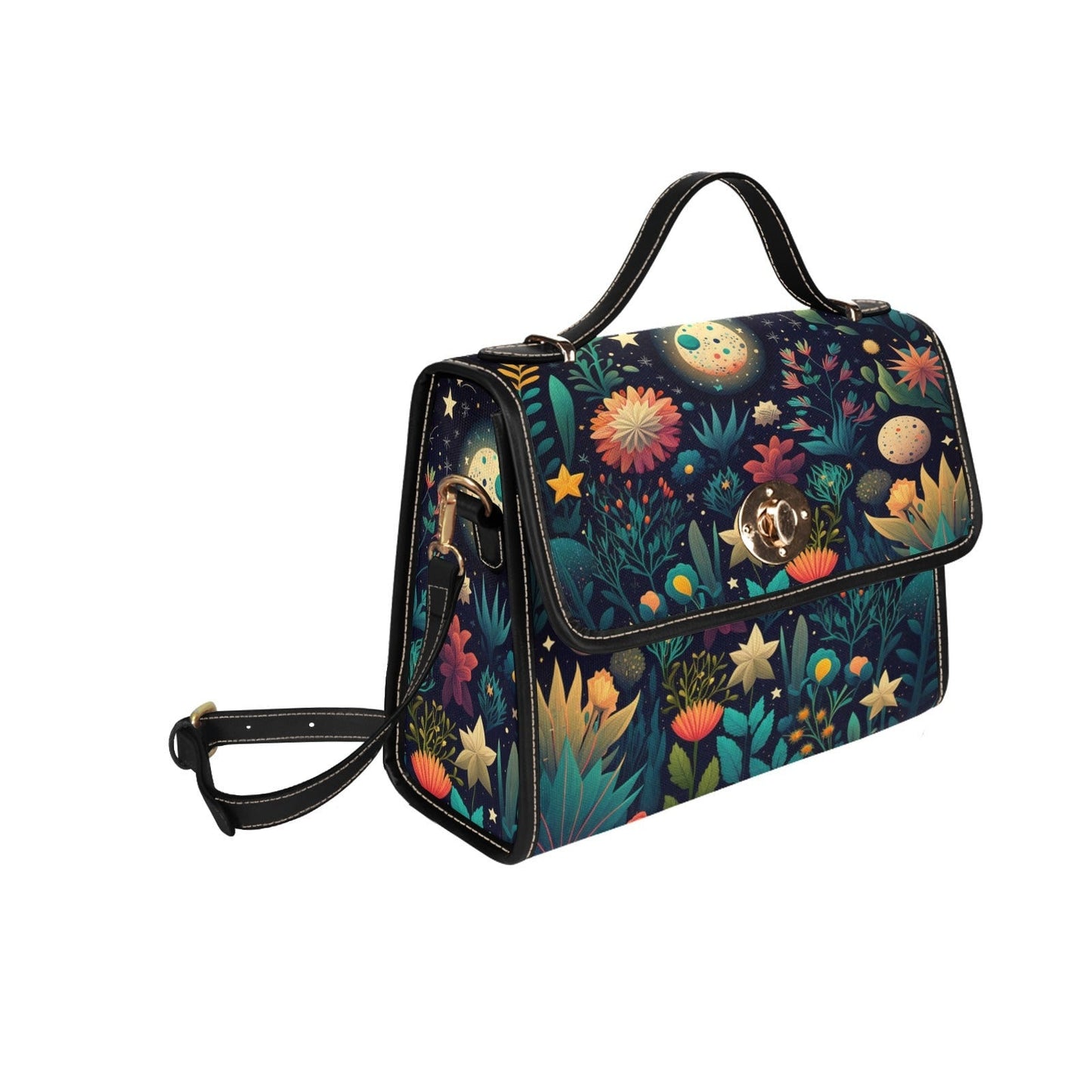 Dark Cottagecore boho Canvas Satchel Bag, Vegan Leather Strap Cute Crossbody bag, Cottagecore Top handle bag, boho hippies gift bag