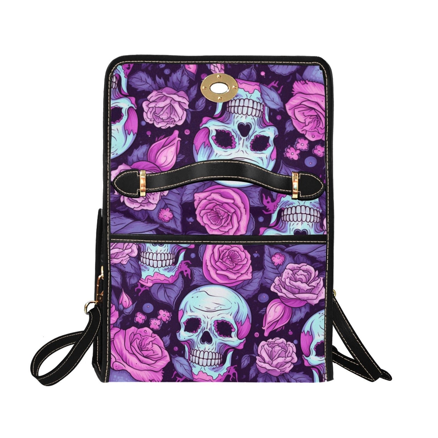 Dark Skull Boho Halloween Canvas Satchel bag, Cottagecore witch crossbody purse, cute vegan leather strap goth bag, hippie boho gift handbag