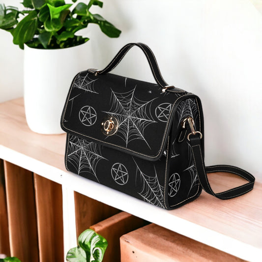 Spiderweb Pentagon Gothic Purse, Canvas bag, Vegan Goth Bag, Halloween Costume Adult Cosplay, Cute Black Witch women cross body purse
