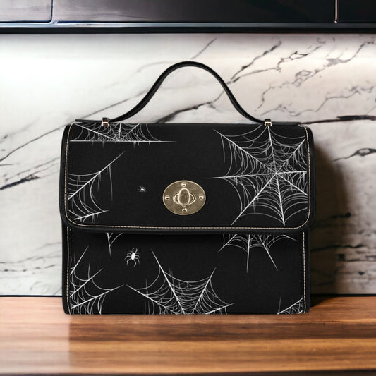 Spiderweb Gothic Purse, Canvas Satchel bag, Vegan Goth Bag, Halloween Costume Adult Cosplay, Cute Black Witch women cross body purse