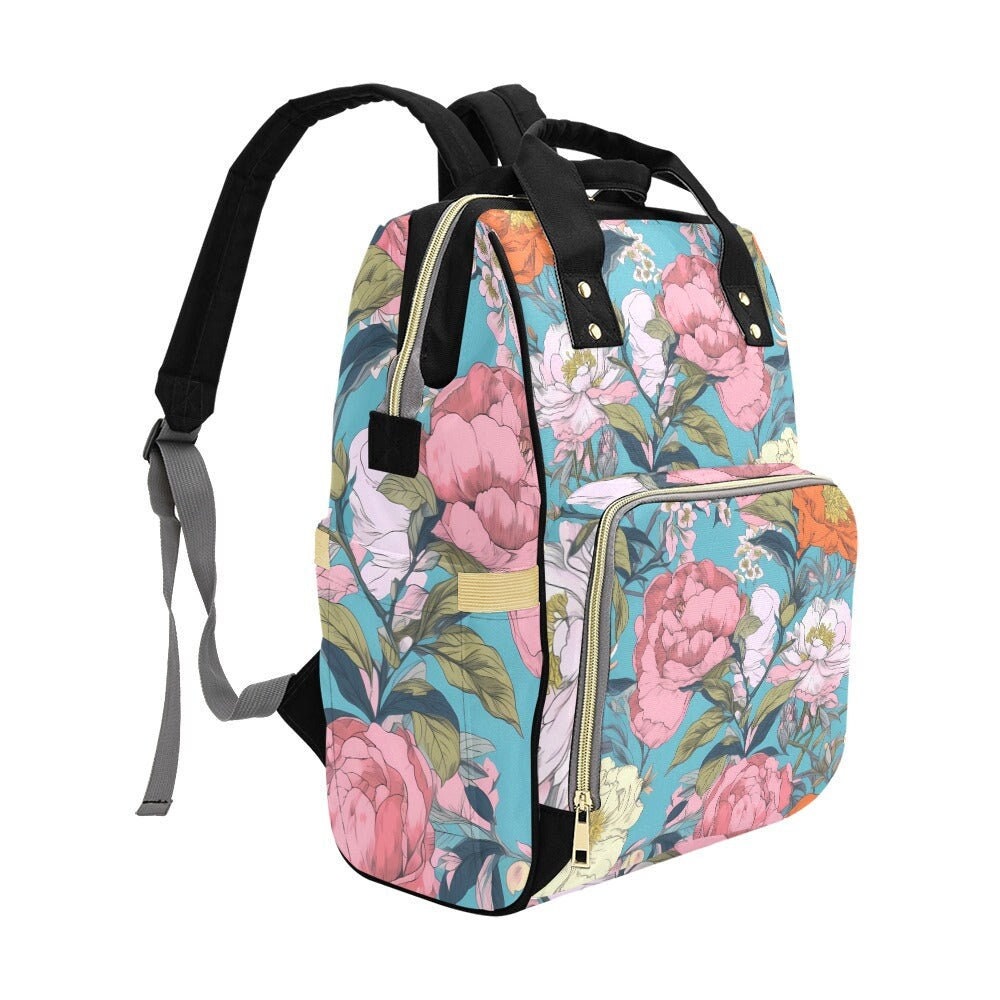 Blue Pastel Pressed Flowers Diaper Bag, Nature Lover Diaper Backpack, Hippie Mama Babyshower Gift, Natural Floral DiaperBag Gift for New Mom