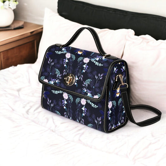 Boho Witch Canvas Bag, Witchy Blue Floral Purse, Cute Cottagecore Witch Canvas Satchel Bag, eco goth satchel, Cottage Core Purse