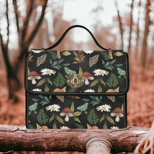 Cottagecore Witch Canvas Satchel Bag, Cute Woodland Crossed body purse, Vegan Leather Mushroom hippie shoulder bag, Cottage witch purse